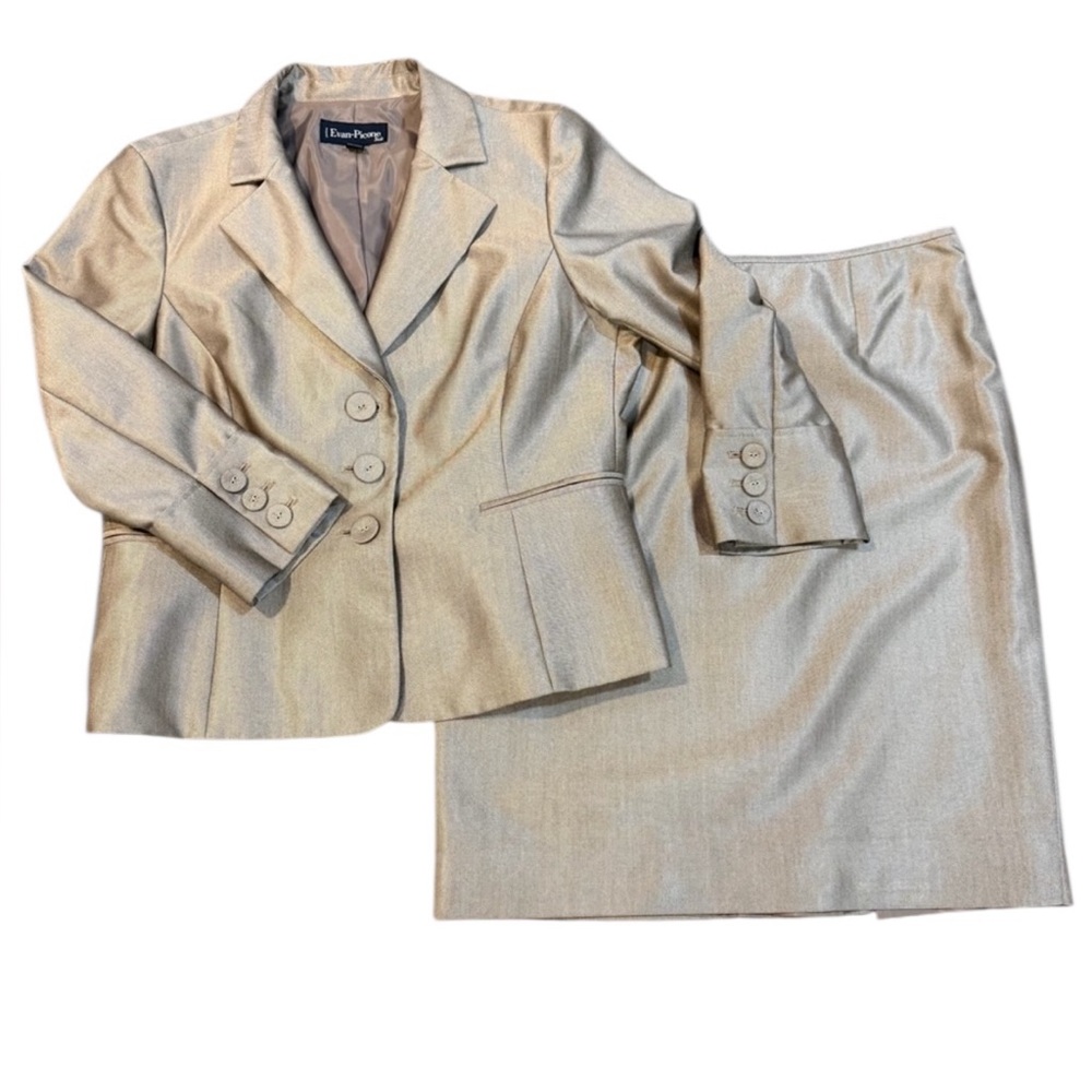 Evan-Picone Petite 12P Two-Piece Suit Blazer & Pencil‎ Skirt Neutral Silver